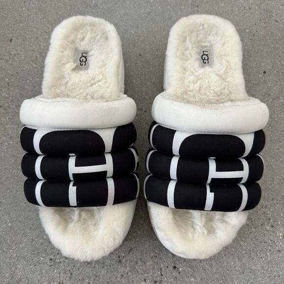 Ugg Shoes - Ugg Maxi Slide Logo Quilted Puff Platform Slipper Sandals Retro White/Black
